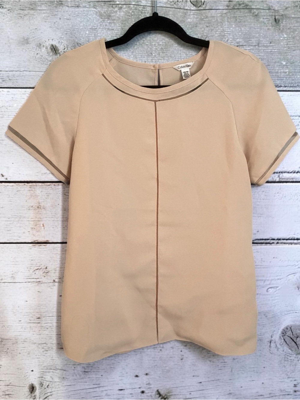 Calvin Klein Tan Blouse XS Sheer Trim Keyhole Back Career Top Quiet Luxury